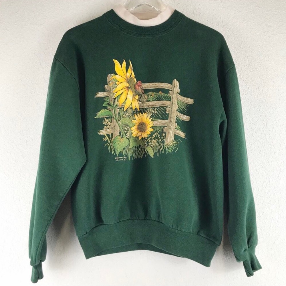 Vintage Sunflower Bird Graphic Long Sleeve Pullover Sweatshirt Made in USA Sz M